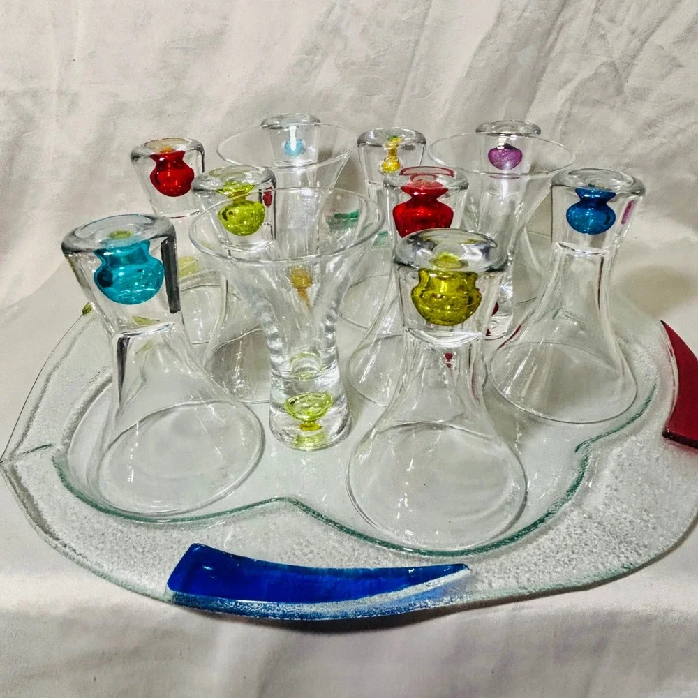 Art Glass Decanter Set 8 Bottles Colorful Stopper Serving Tray